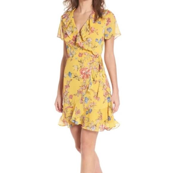 Lush Floral Ruffles Short Sleeve Wrap Dress Size XL Yellow Multi - Picture 8 of 8